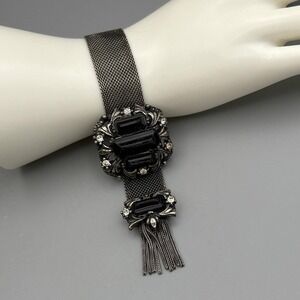 Etruscan Medallion Clasp Mesh Tassel Motif Slide Bracelet Adjustable to 7.25"